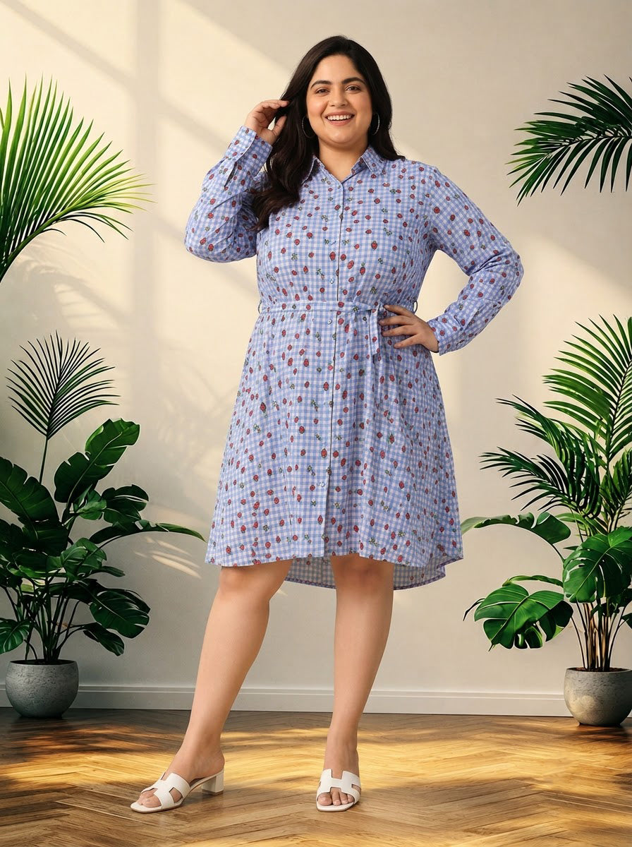 Plus Size Blue Heart Print Cotton Dress