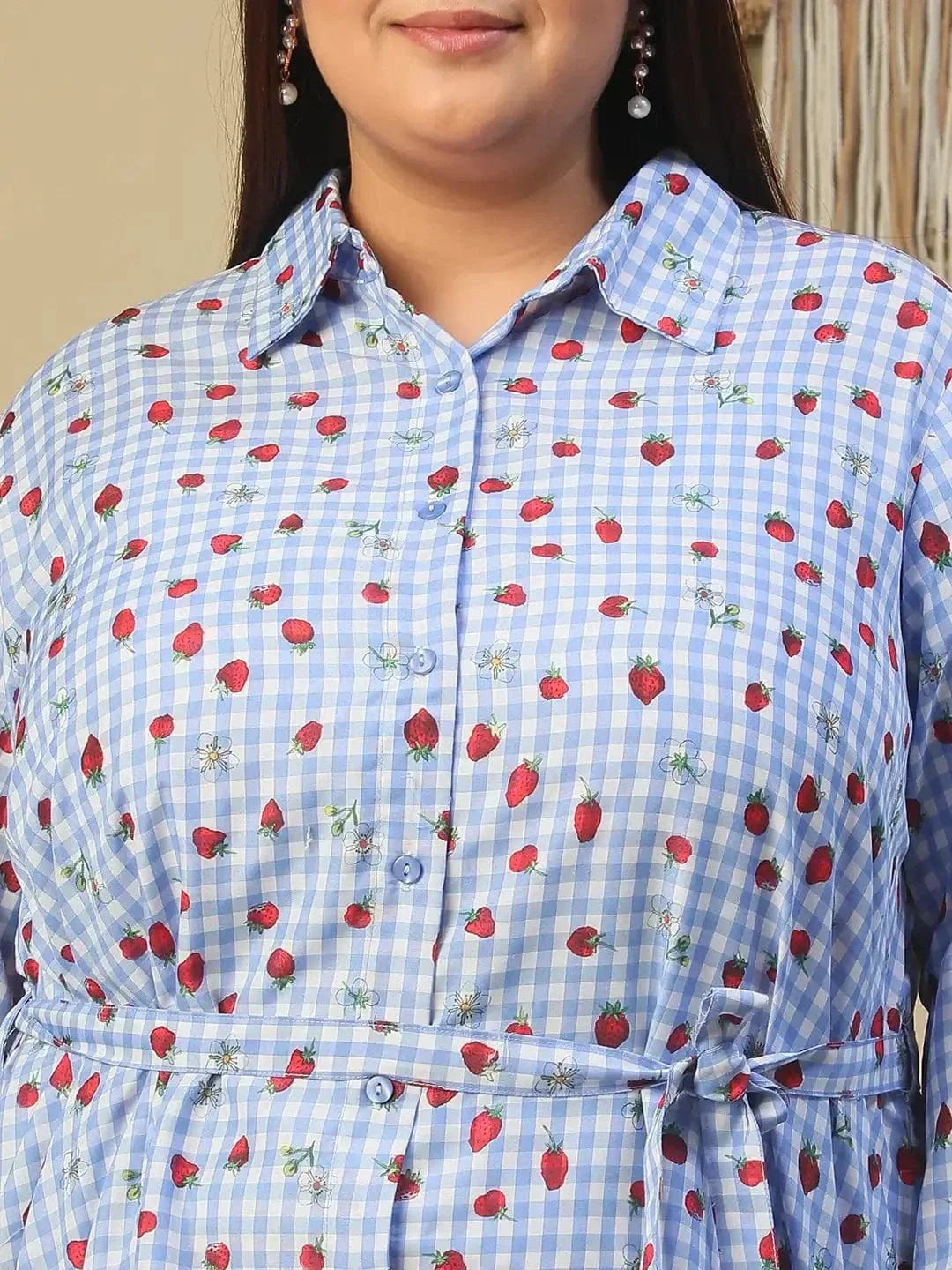 Blue Heart Print Collared Button Down With Waist Belt Plus Size Women Cotton Blend Dress - oxolloxo