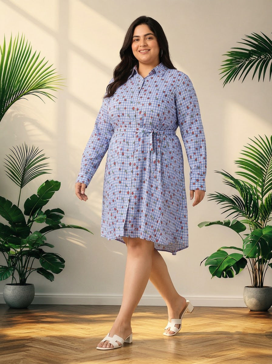 Plus Size Blue Heart Print Cotton Dress