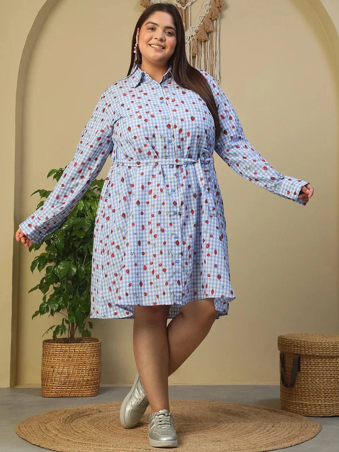 Blue Heart Print Collared Button Down With Waist Belt Plus Size Women Cotton Blend Dress - oxolloxo