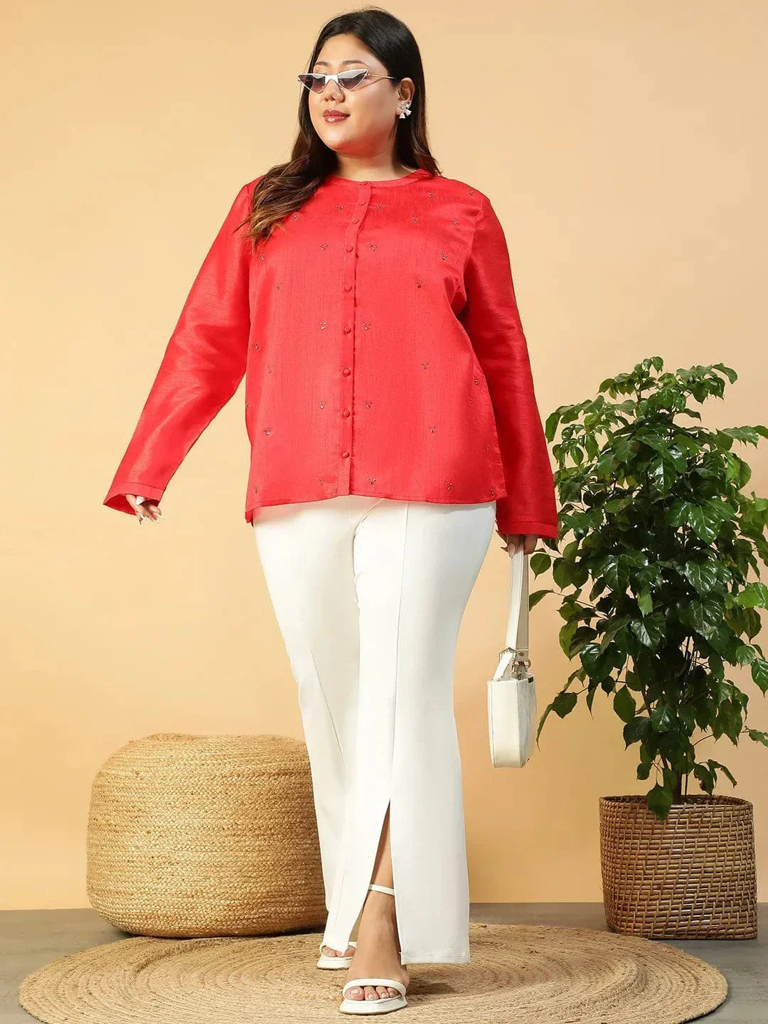 Chiclet Solid Red Long Sleeve Embelished Detail Button Down Plus Size Women Silk Shirt - oxolloxo