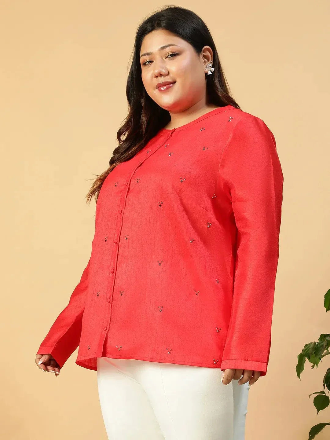 Chiclet Solid Red Long Sleeve Embelished Detail Button Down Plus Size Women Silk Shirt - oxolloxo