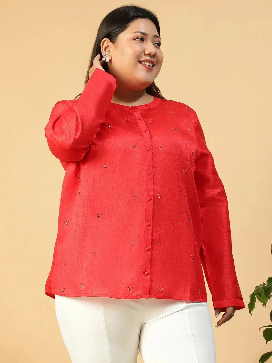 Chiclet Solid Red Long Sleeve Embelished Detail Button Down Plus Size Women Silk Shirt - oxolloxo