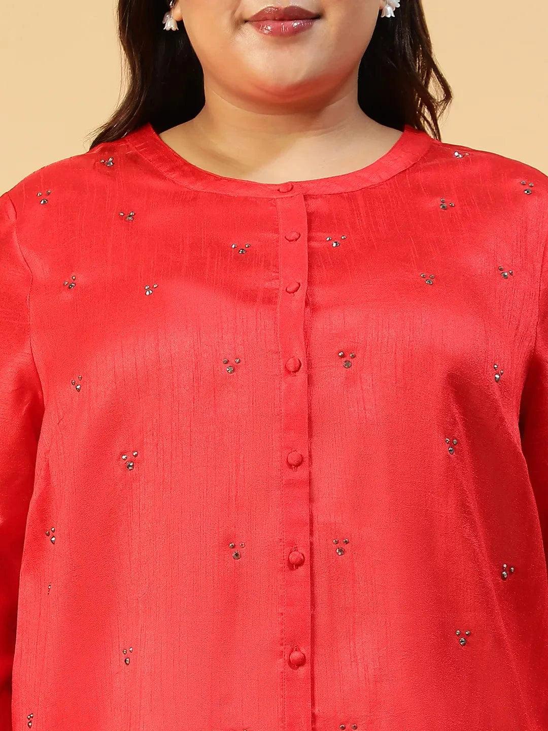 Chiclet Solid Red Long Sleeve Embelished Detail Button Down Plus Size Women Silk Shirt - oxolloxo