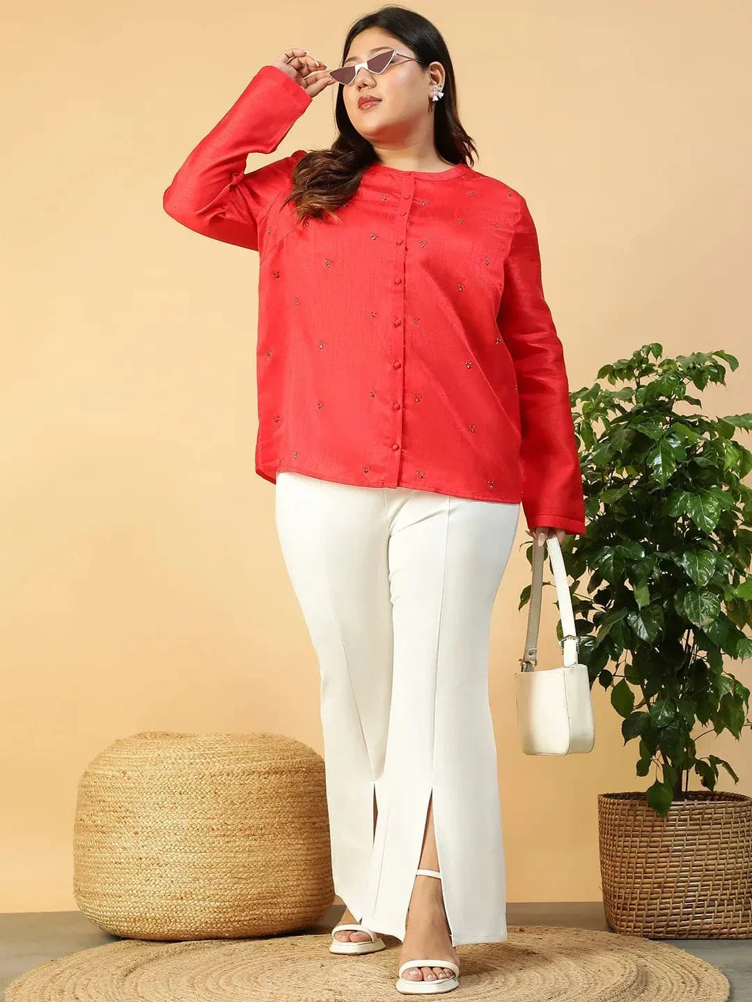 Chiclet Solid Red Long Sleeve Embelished Detail Button Down Plus Size Women Silk Shirt - oxolloxo