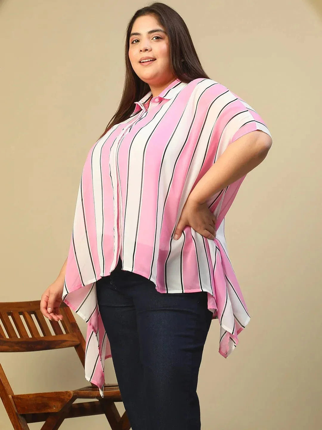 Pink Stripe Print Coallred Button Down High Low Hem Plus Size Women Top - oxolloxo