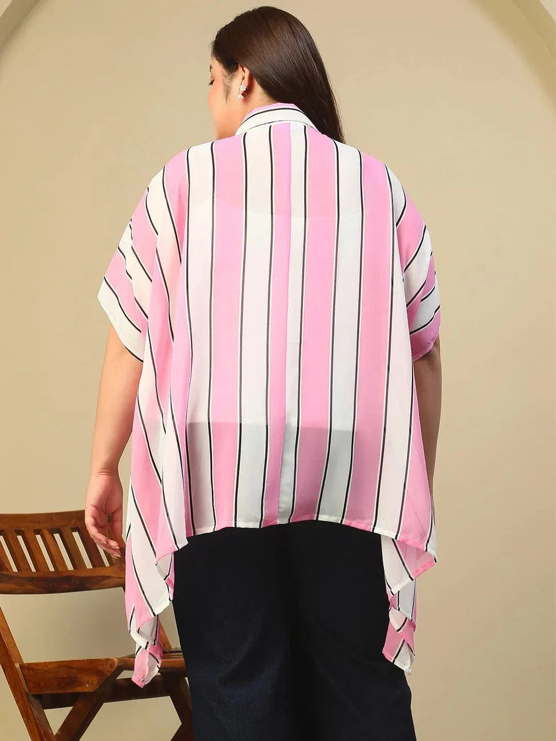Pink Stripe Print Coallred Button Down High Low Hem Plus Size Women Top - oxolloxo