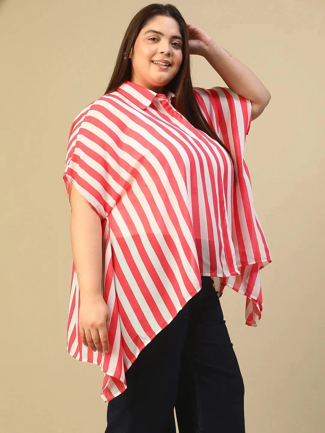 Red Stripe Print Coallred Button Down High Low Hem Plus Size Women Top - oxolloxo