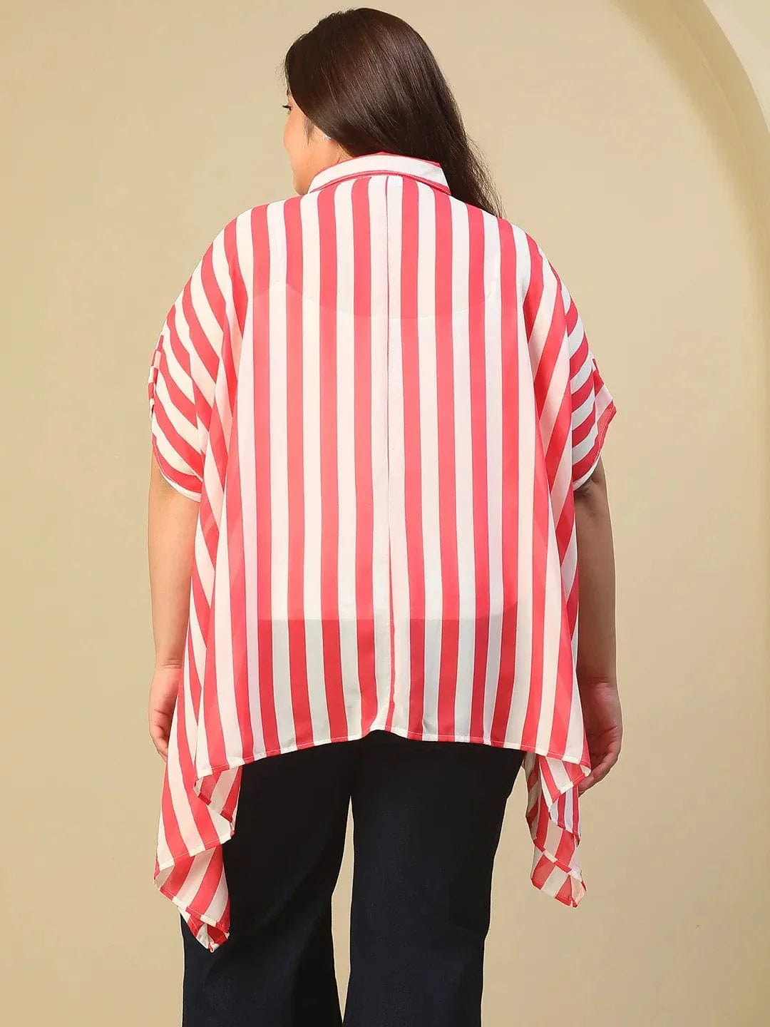Red Stripe Print Coallred Button Down High Low Hem Plus Size Women Top - oxolloxo