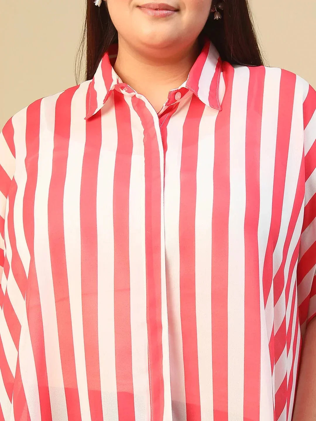 Red Stripe Print Coallred Button Down High Low Hem Plus Size Women Top - oxolloxo