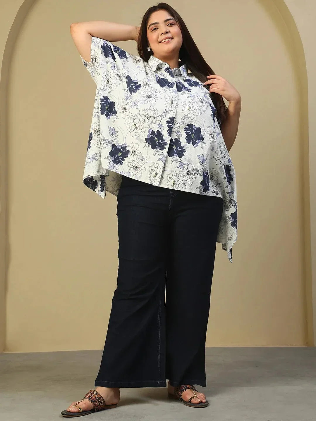 White Floral Print Button Down Short Sleeve High Low Plus Size Women Dobby Top - oxolloxo