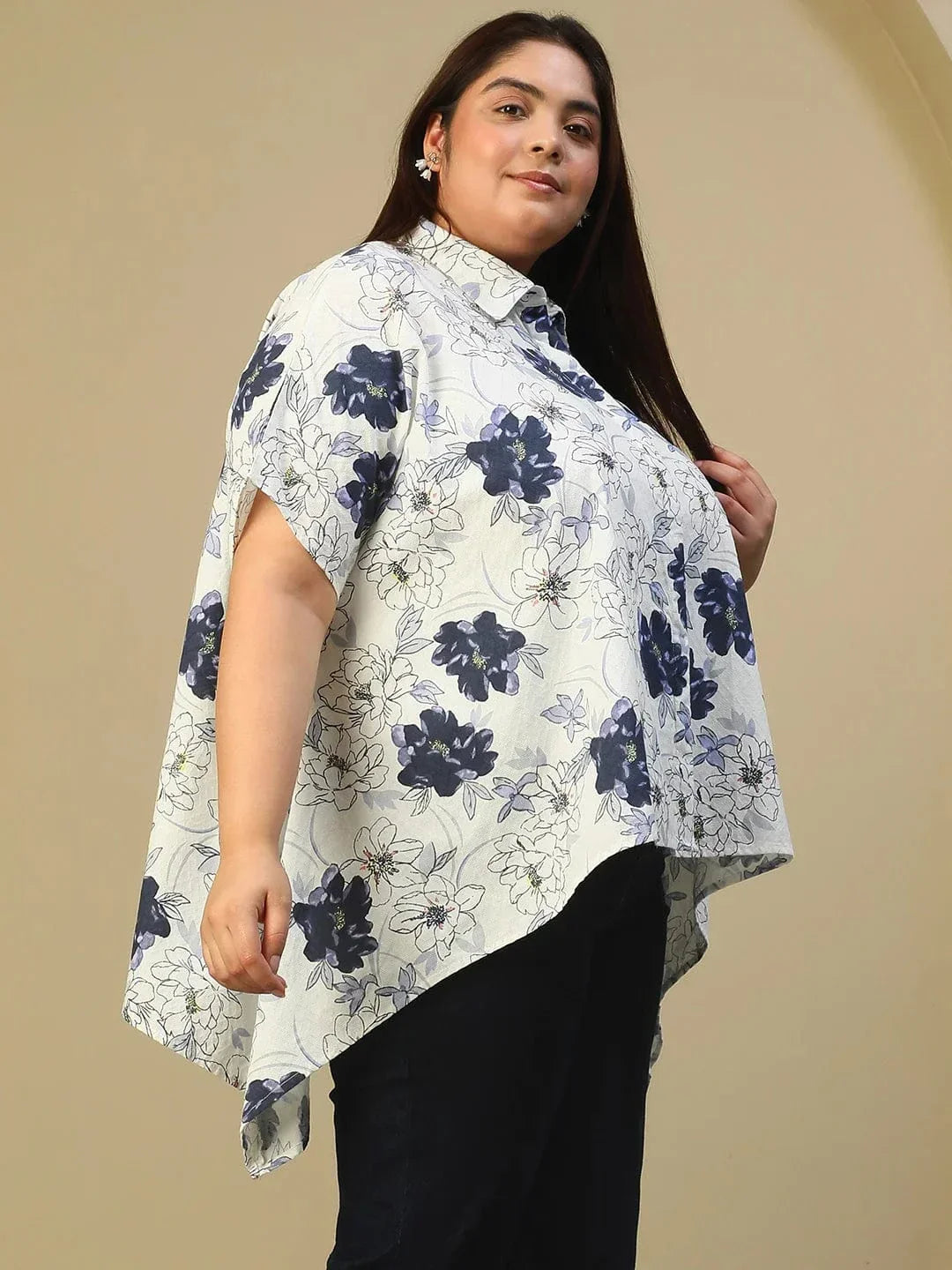 White Floral Print Button Down Short Sleeve High Low Plus Size Women Dobby Top - oxolloxo