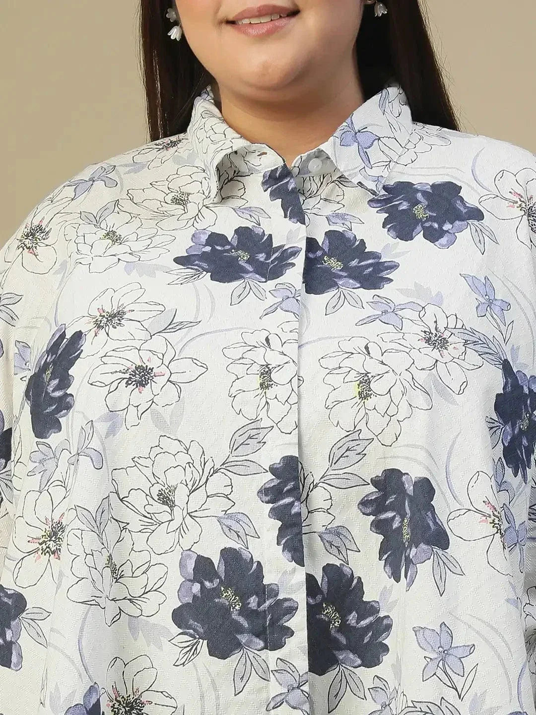 White Floral Print Button Down Short Sleeve High Low Plus Size Women Dobby Top - oxolloxo