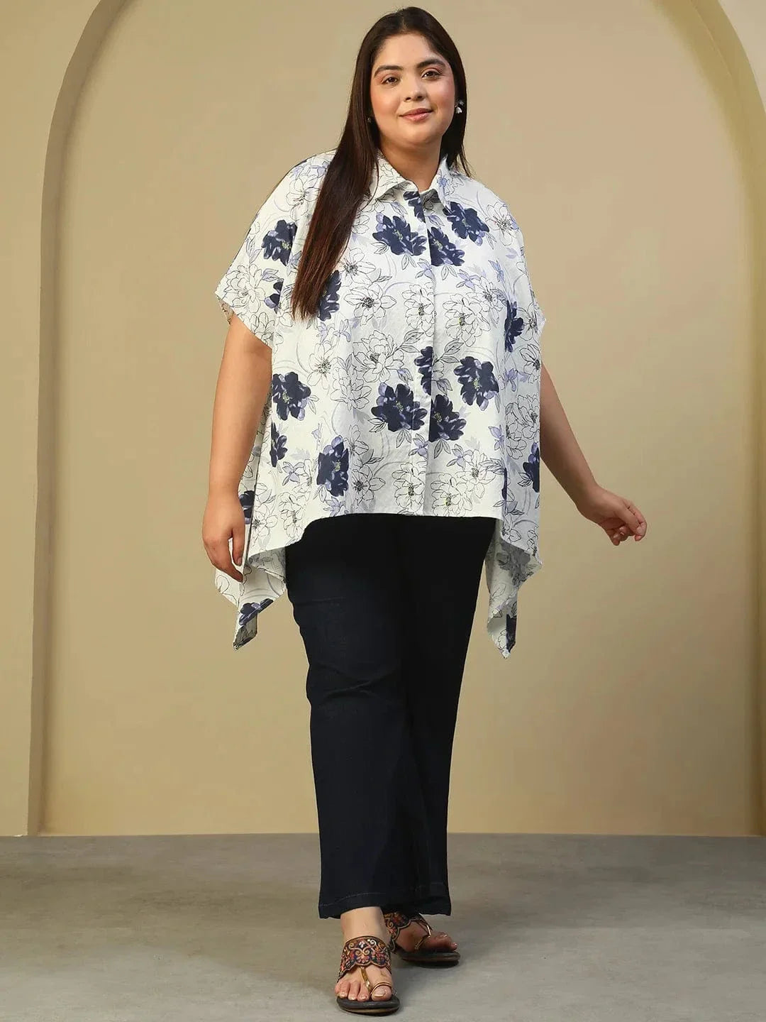 White Floral Print Button Down Short Sleeve High Low Plus Size Women Dobby Top - oxolloxo