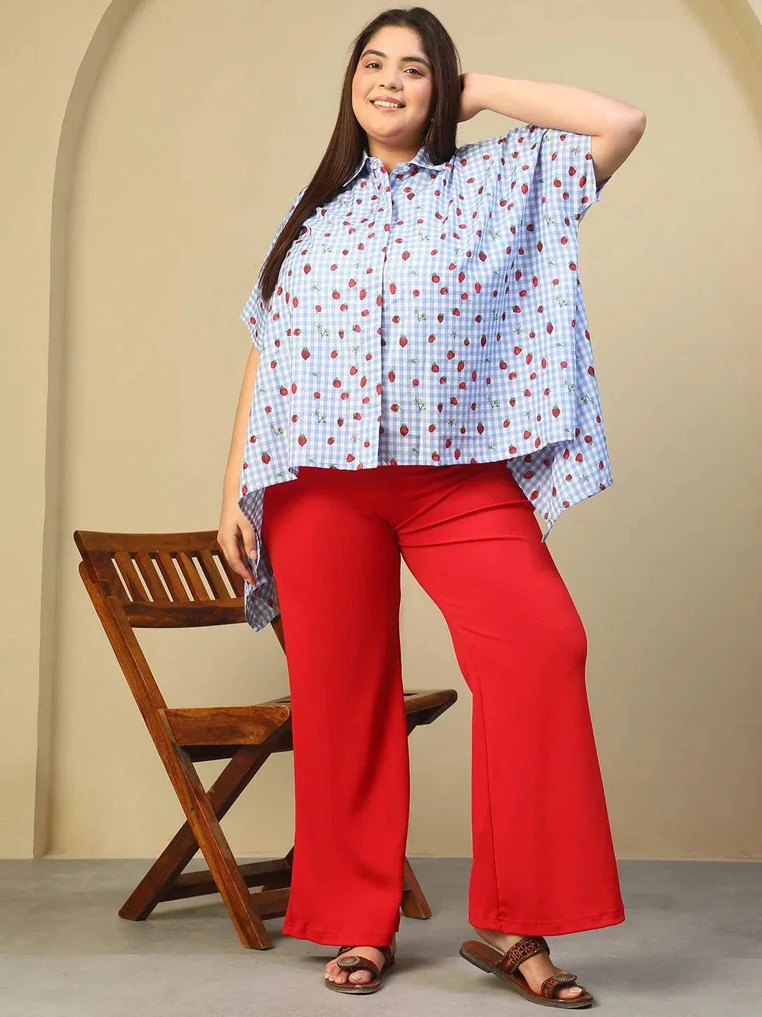 Blue Heart Print Button Down Short Sleeve High Low Cotton Blend Plus Size Women Top - oxolloxo