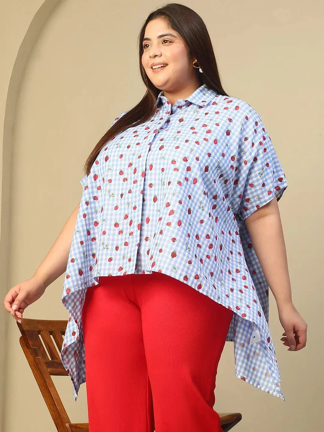 Blue Heart Print Button Down Short Sleeve High Low Cotton Blend Plus Size Women Top - oxolloxo