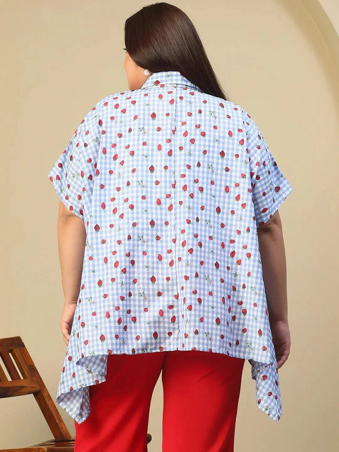 Blue Heart Print Button Down Short Sleeve High Low Cotton Blend Plus Size Women Top - oxolloxo