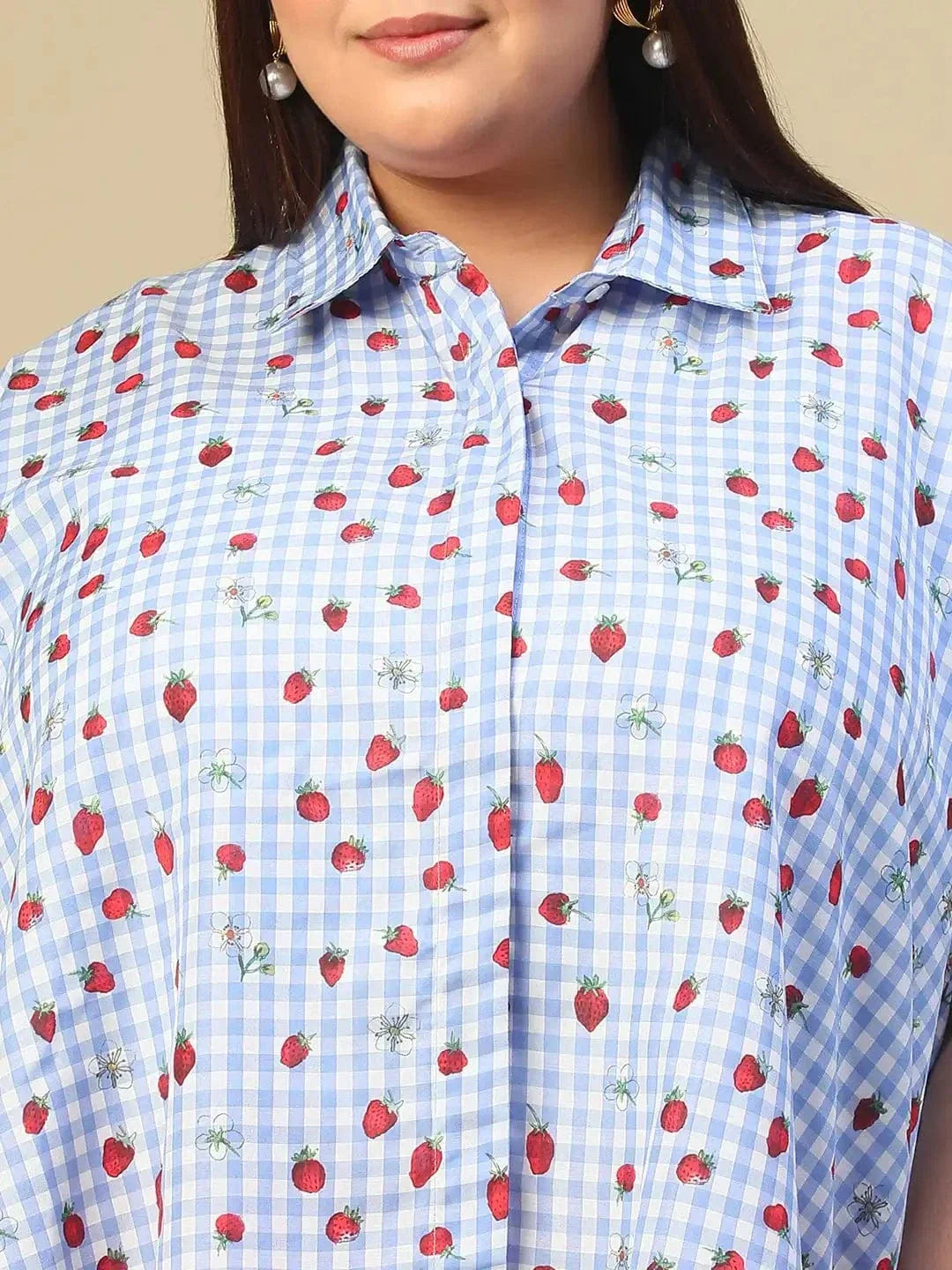 Blue Heart Print Button Down Short Sleeve High Low Cotton Blend Plus Size Women Top - oxolloxo