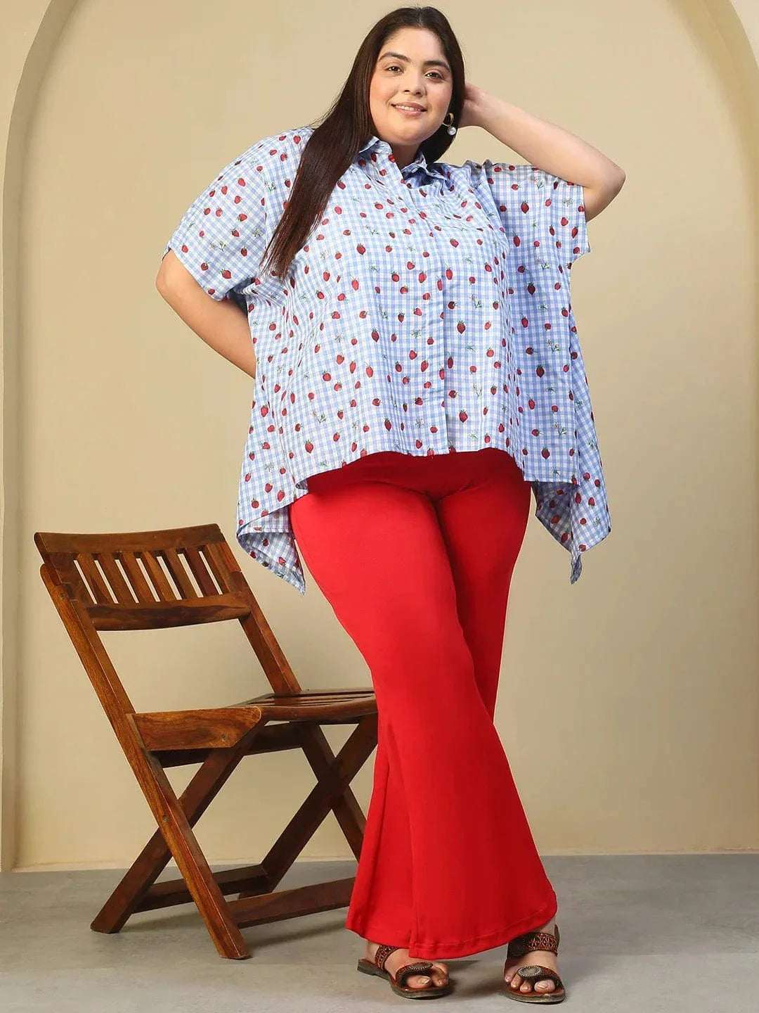 Blue Heart Print Button Down Short Sleeve High Low Cotton Blend Plus Size Women Top - oxolloxo