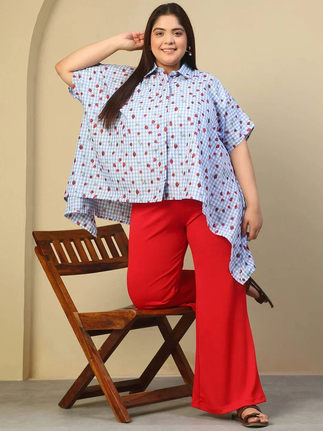 Blue Heart Print Button Down Short Sleeve High Low Cotton Blend Plus Size Women Top - oxolloxo