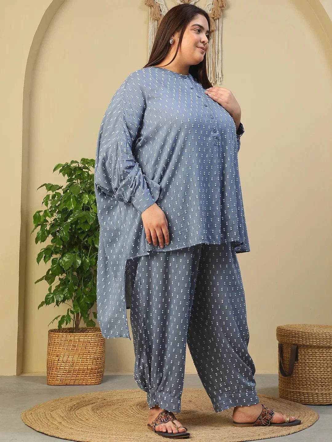 Blue Stripe Print High Low Hem Tunic & Trouser Dobby Textured Plus Size Women Co-Ord Set - oxolloxo