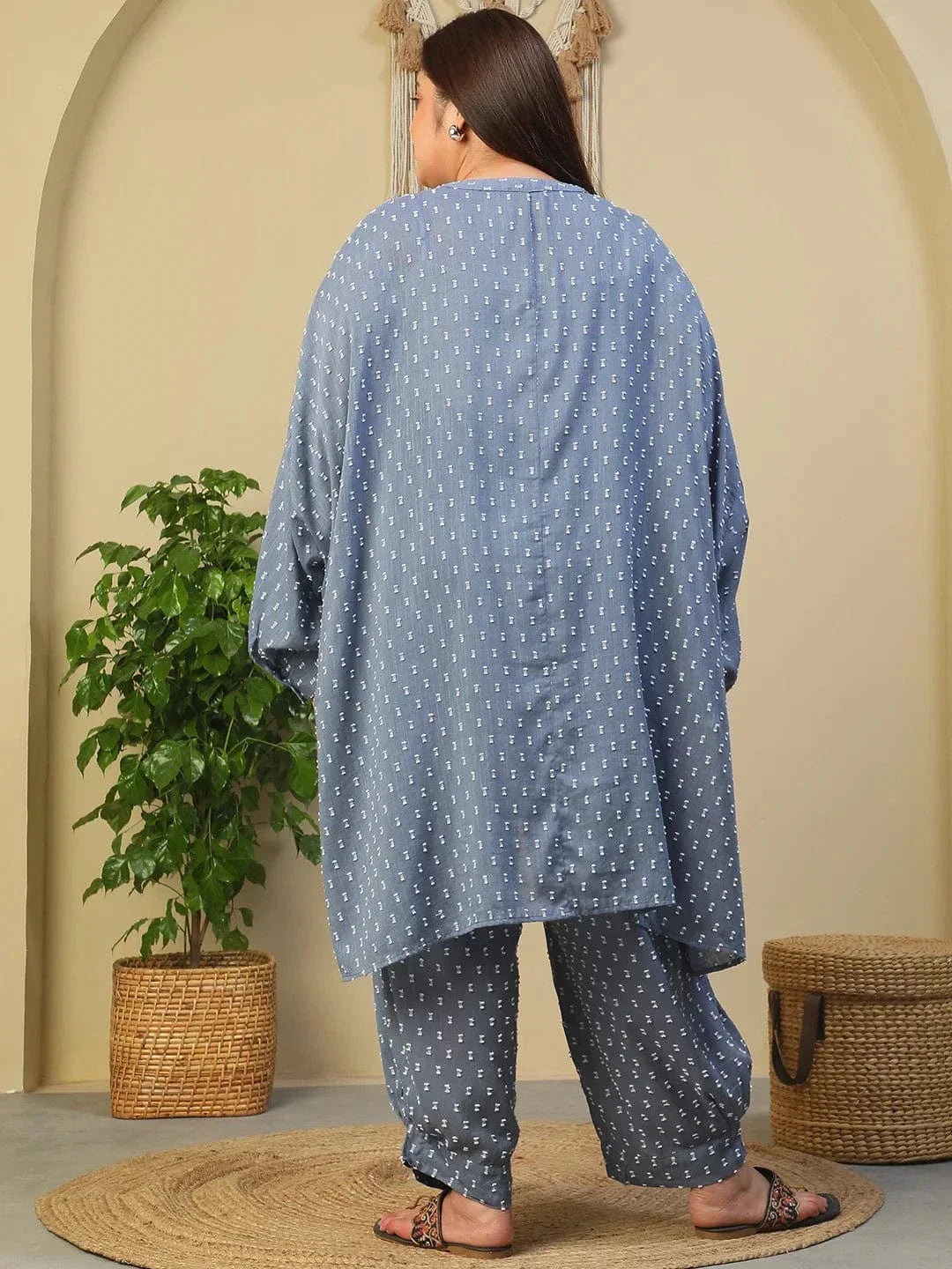 Blue Stripe Print High Low Hem Tunic & Trouser Dobby Textured Plus Size Women Co-Ord Set - oxolloxo