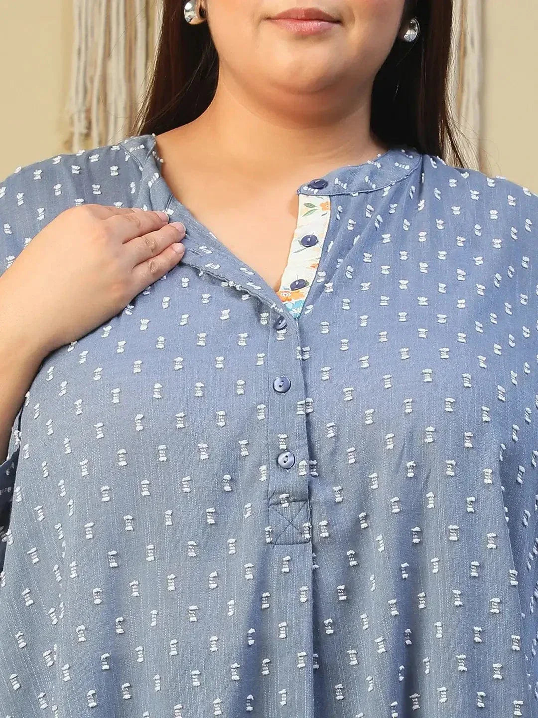 Blue Stripe Print High Low Hem Tunic & Trouser Dobby Textured Plus Size Women Co-Ord Set - oxolloxo