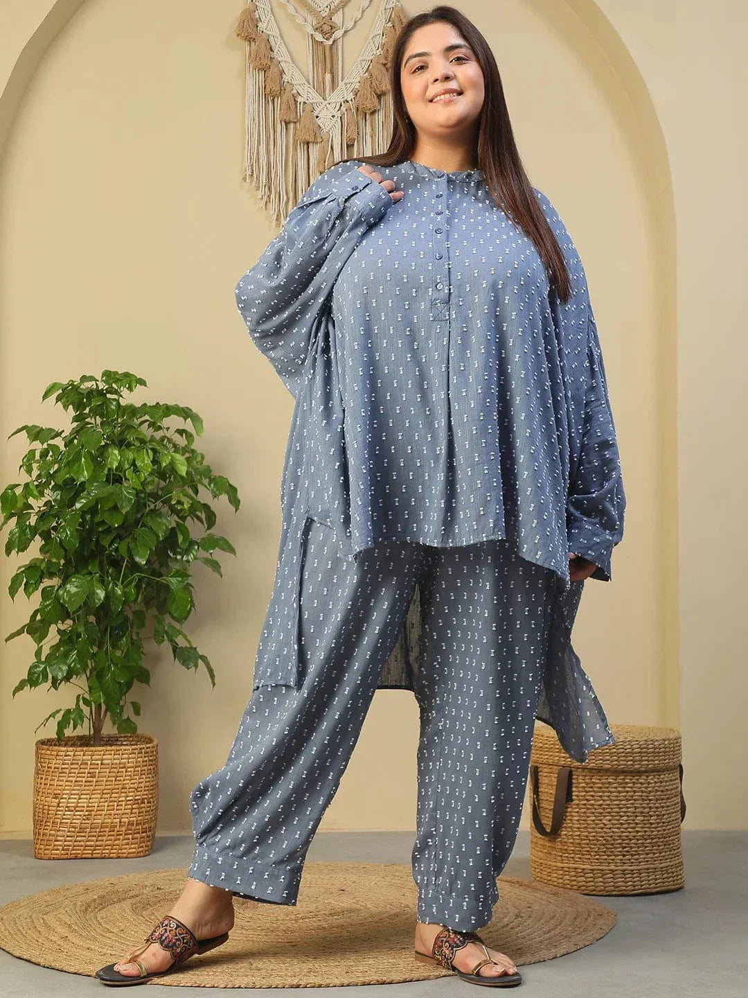 Blue Stripe Print High Low Hem Tunic & Trouser Dobby Textured Plus Size Women Co-Ord Set - oxolloxo