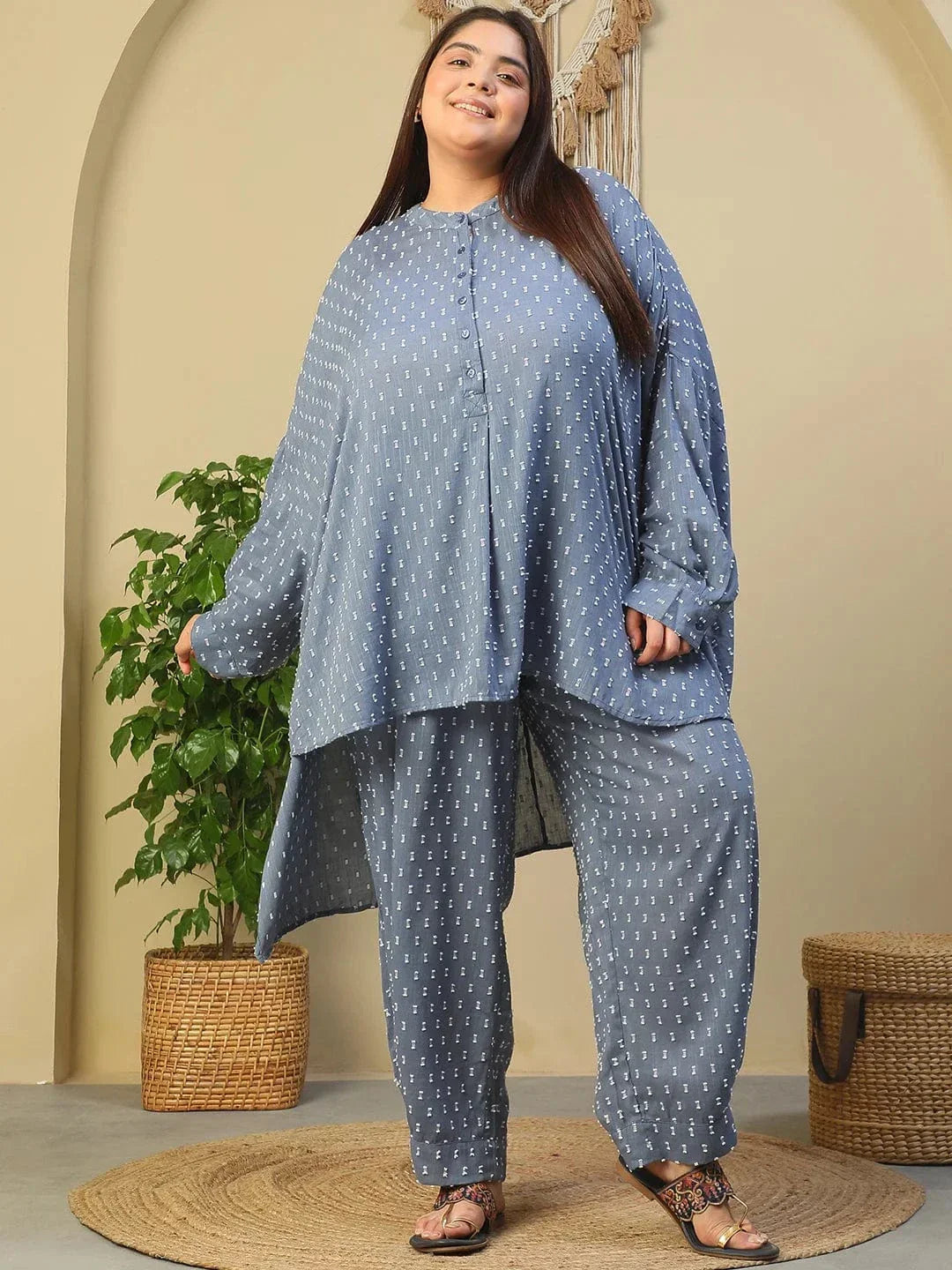 Blue Stripe Print High Low Hem Tunic & Trouser Dobby Textured Plus Size Women Co-Ord Set - oxolloxo