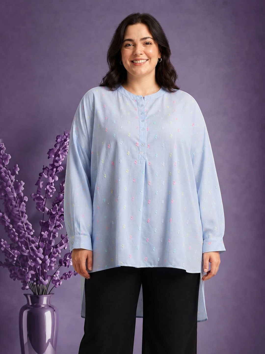 Plus Size Light Blue Cotton Tunic