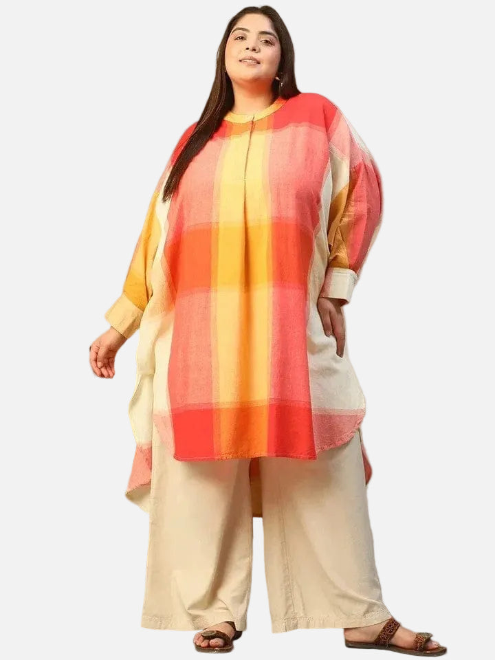 Plus Size Orange Check Cotton Tunic