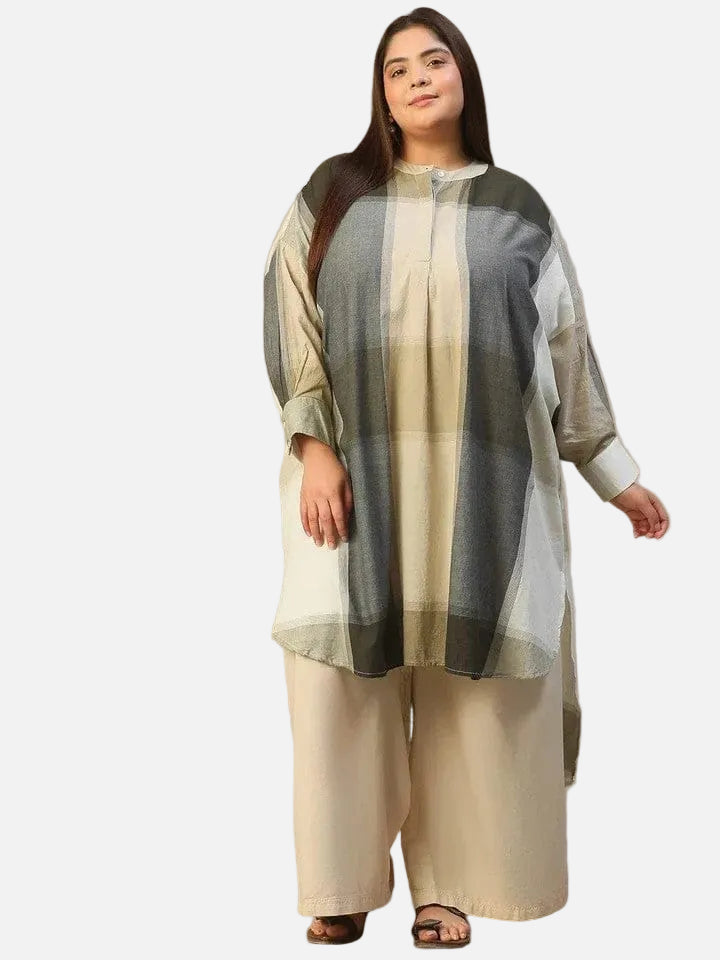Plus Size Black Check Cotton Tunic