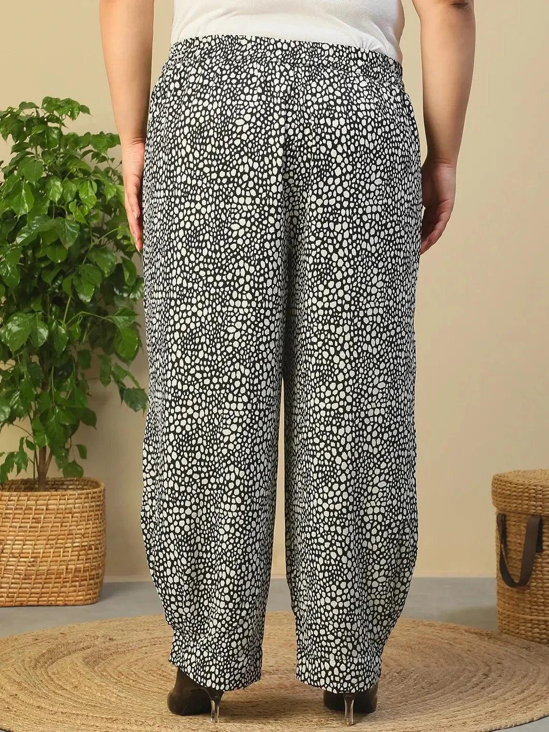Black Elasticated Swiss Moss Animal Print Plus Size Women Trouser With Front Pockets - oxolloxo