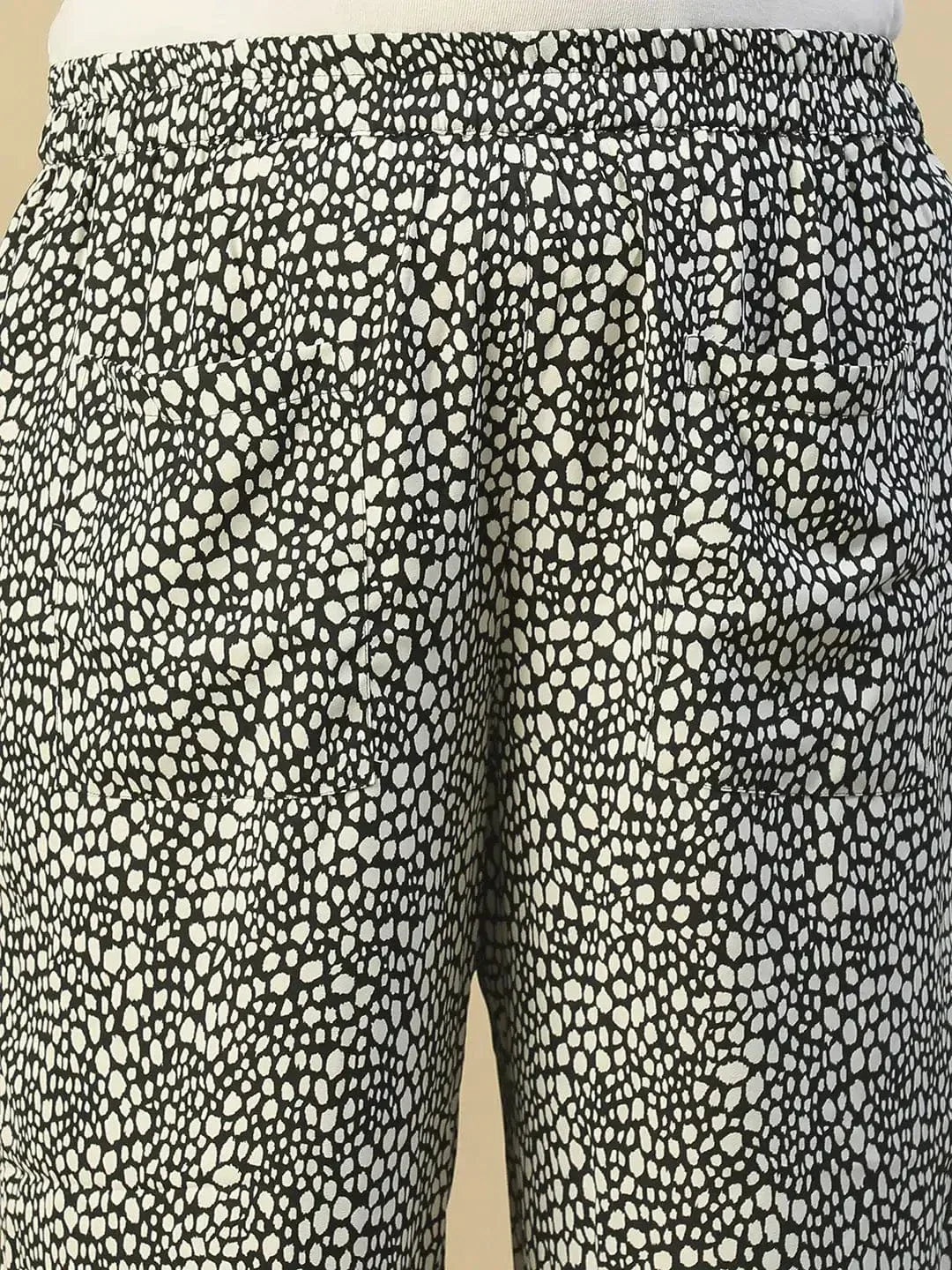 Black Elasticated Swiss Moss Animal Print Plus Size Women Trouser With Front Pockets - oxolloxo