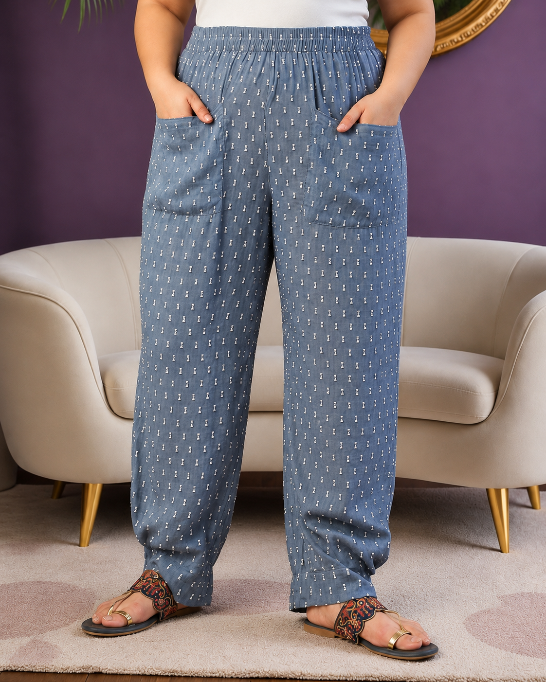 Plus Size Blue Cotton Trouser