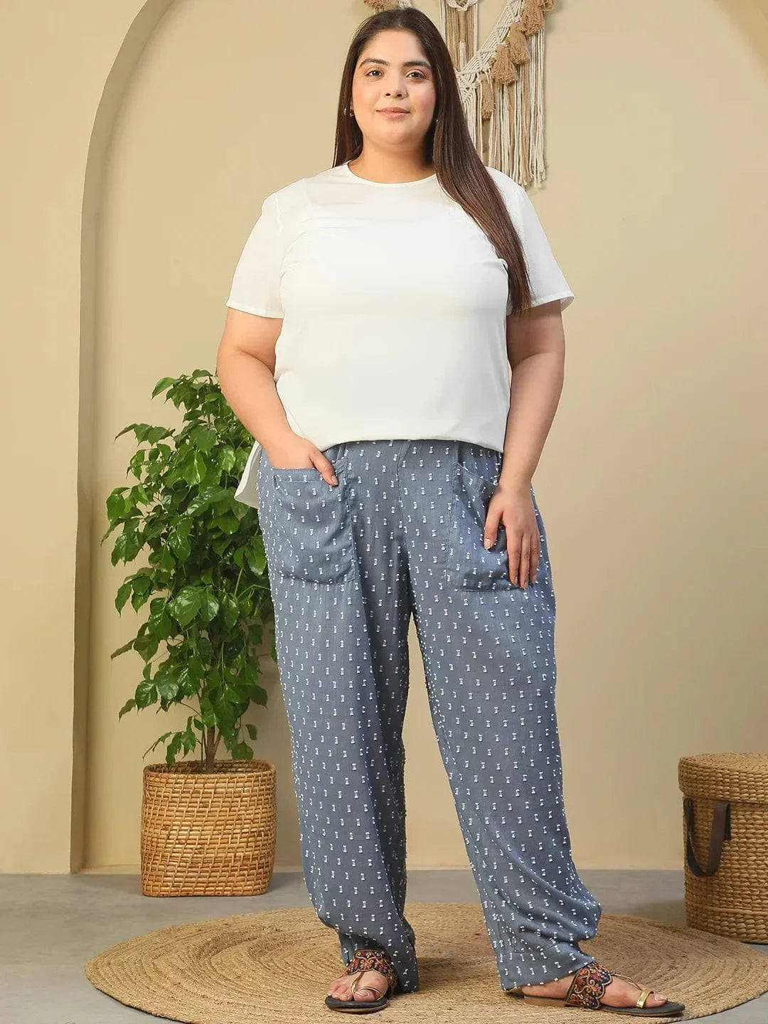 Blue Elasticated Yarn Dyed Dobby Plus Size Women Cotton Trouser With Front Pockets - oxolloxo