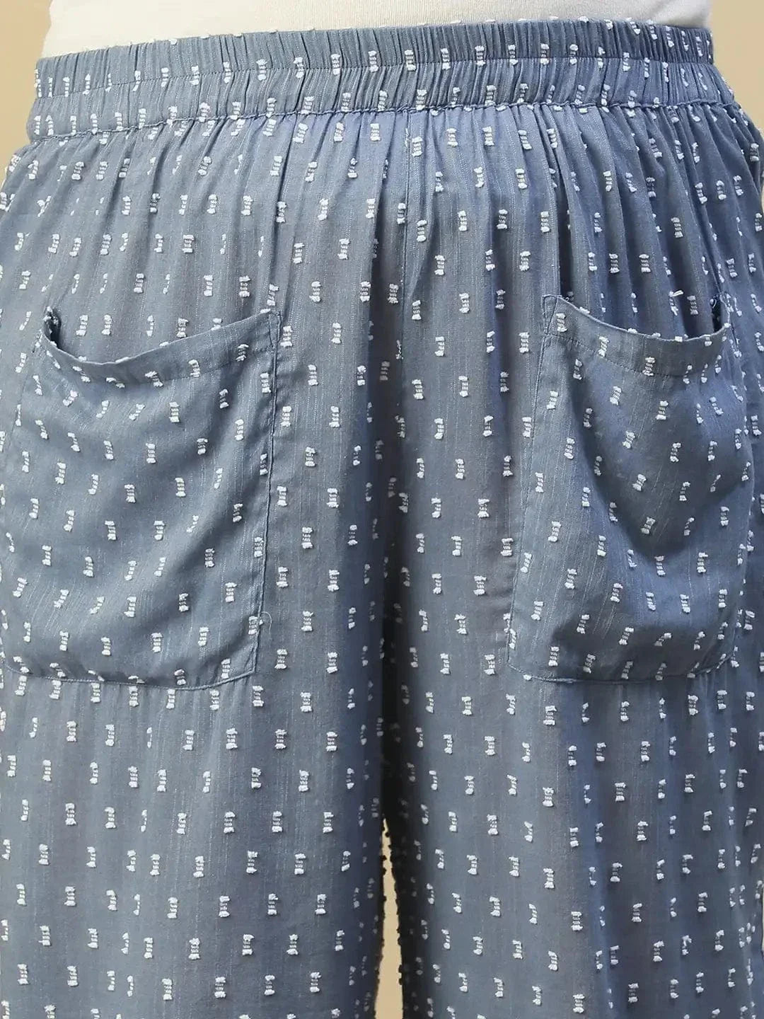 Blue Elasticated Yarn Dyed Dobby Plus Size Women Cotton Trouser With Front Pockets - oxolloxo