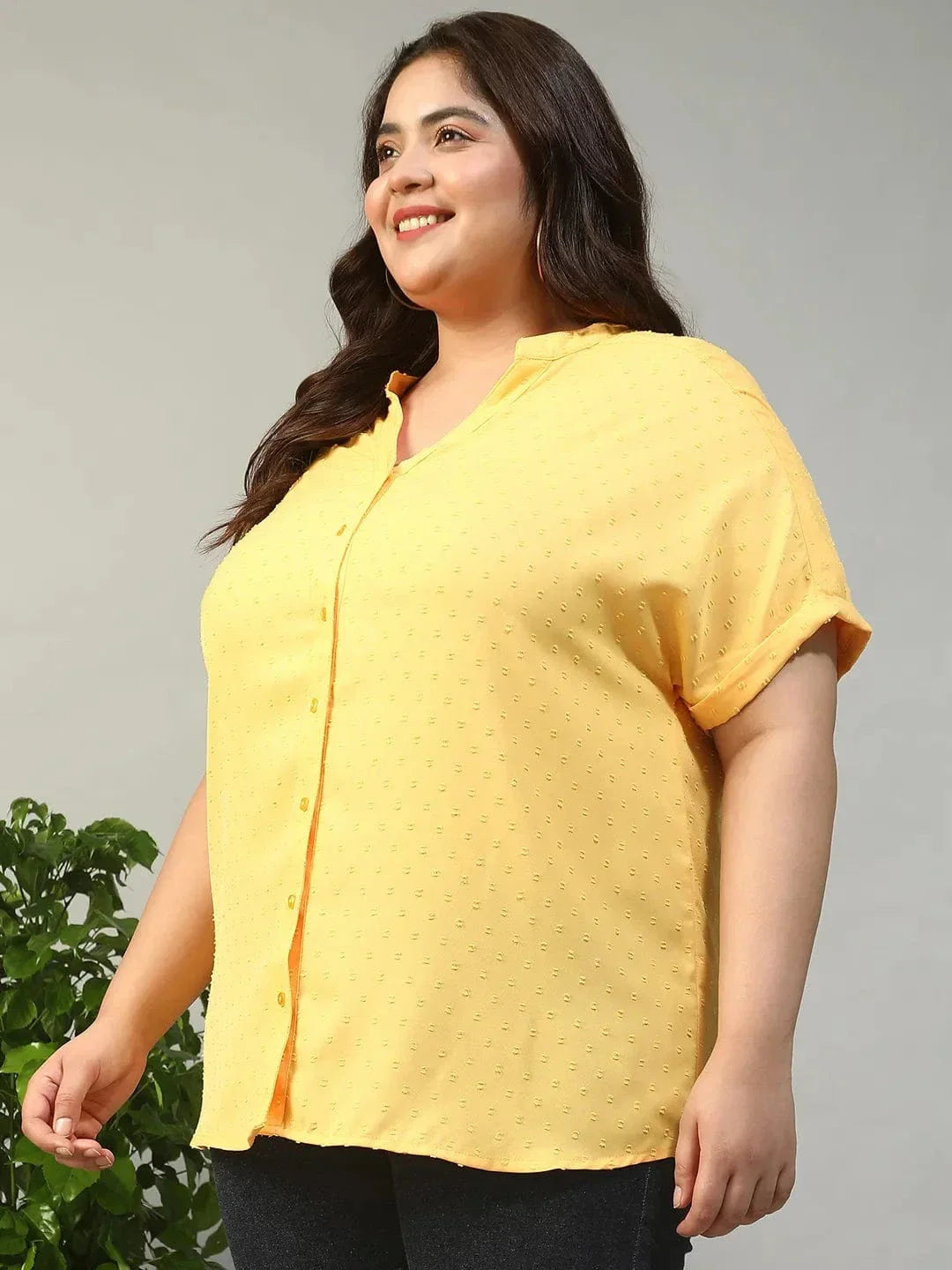 Charming Yellow Short Sleeve Button Down Boota Dobby Printed Plus Size Women Top - oxolloxo