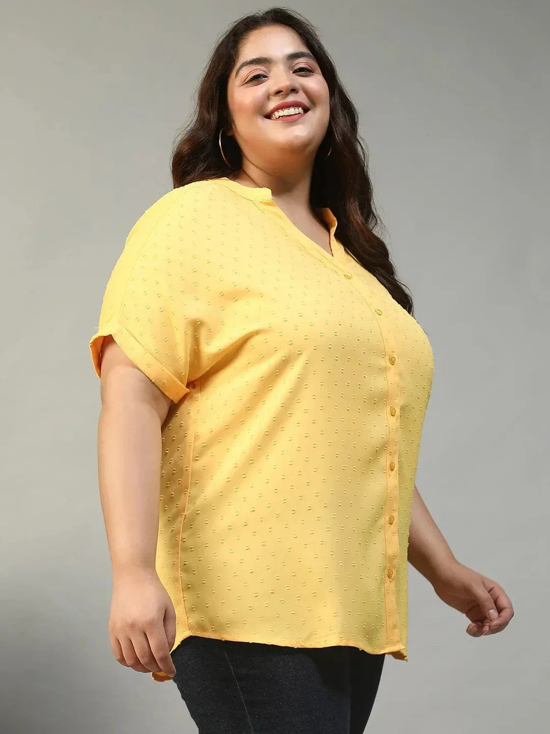 Charming Yellow Short Sleeve Button Down Boota Dobby Printed Plus Size Women Top - oxolloxo