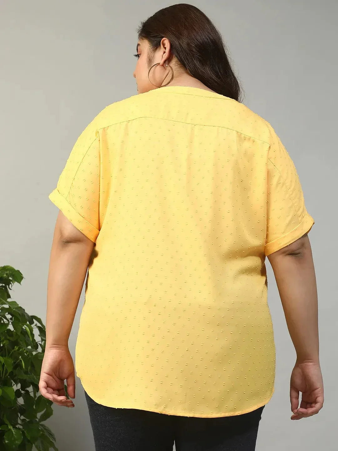 Charming Yellow Short Sleeve Button Down Boota Dobby Printed Plus Size Women Top - oxolloxo