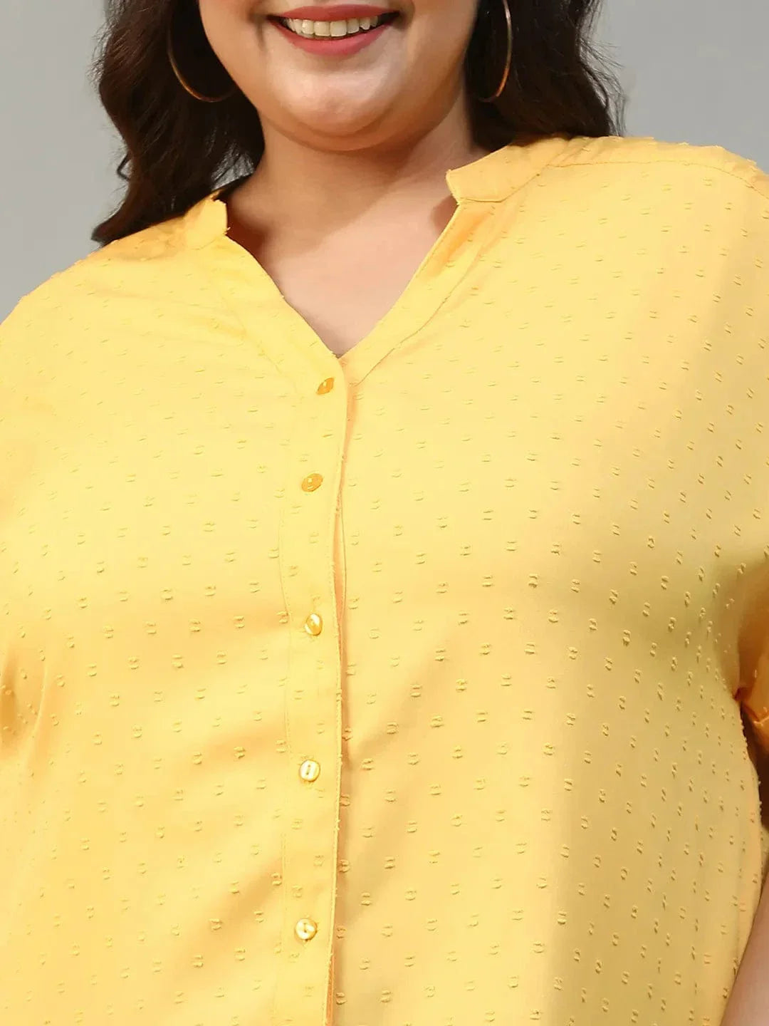 Charming Yellow Short Sleeve Button Down Boota Dobby Printed Plus Size Women Top - oxolloxo