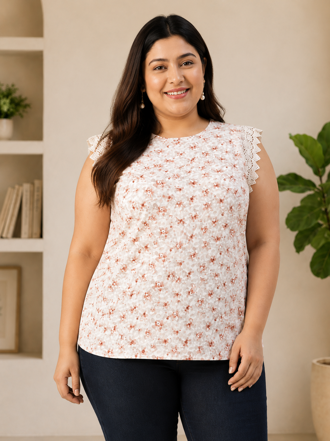 Plus Size Peach Floral Printed Top