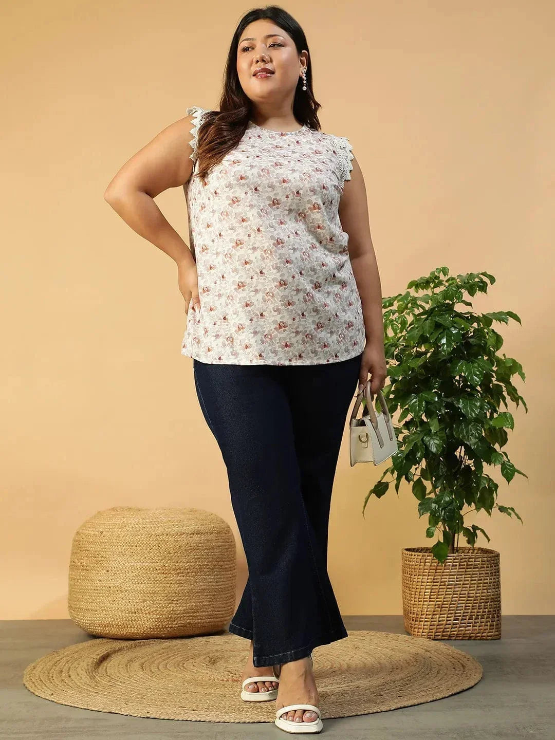 Peach Floral Print Lace Detail Cap Sleeve Plus Size Women Top - oxolloxo