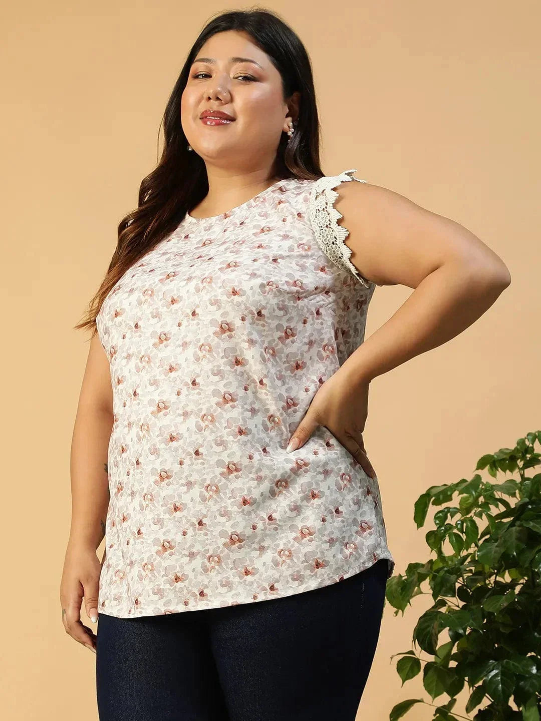 Peach Floral Print Lace Detail Cap Sleeve Plus Size Women Top - oxolloxo