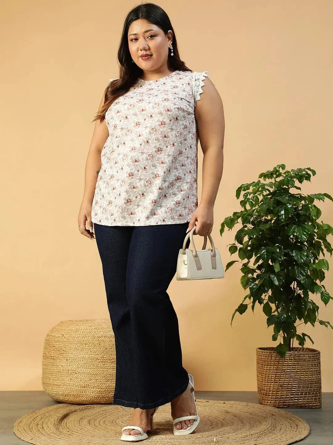 Peach Floral Print Lace Detail Cap Sleeve Plus Size Women Top - oxolloxo