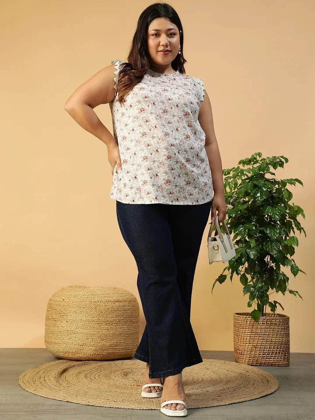 Peach Floral Print Lace Detail Cap Sleeve Plus Size Women Top - oxolloxo