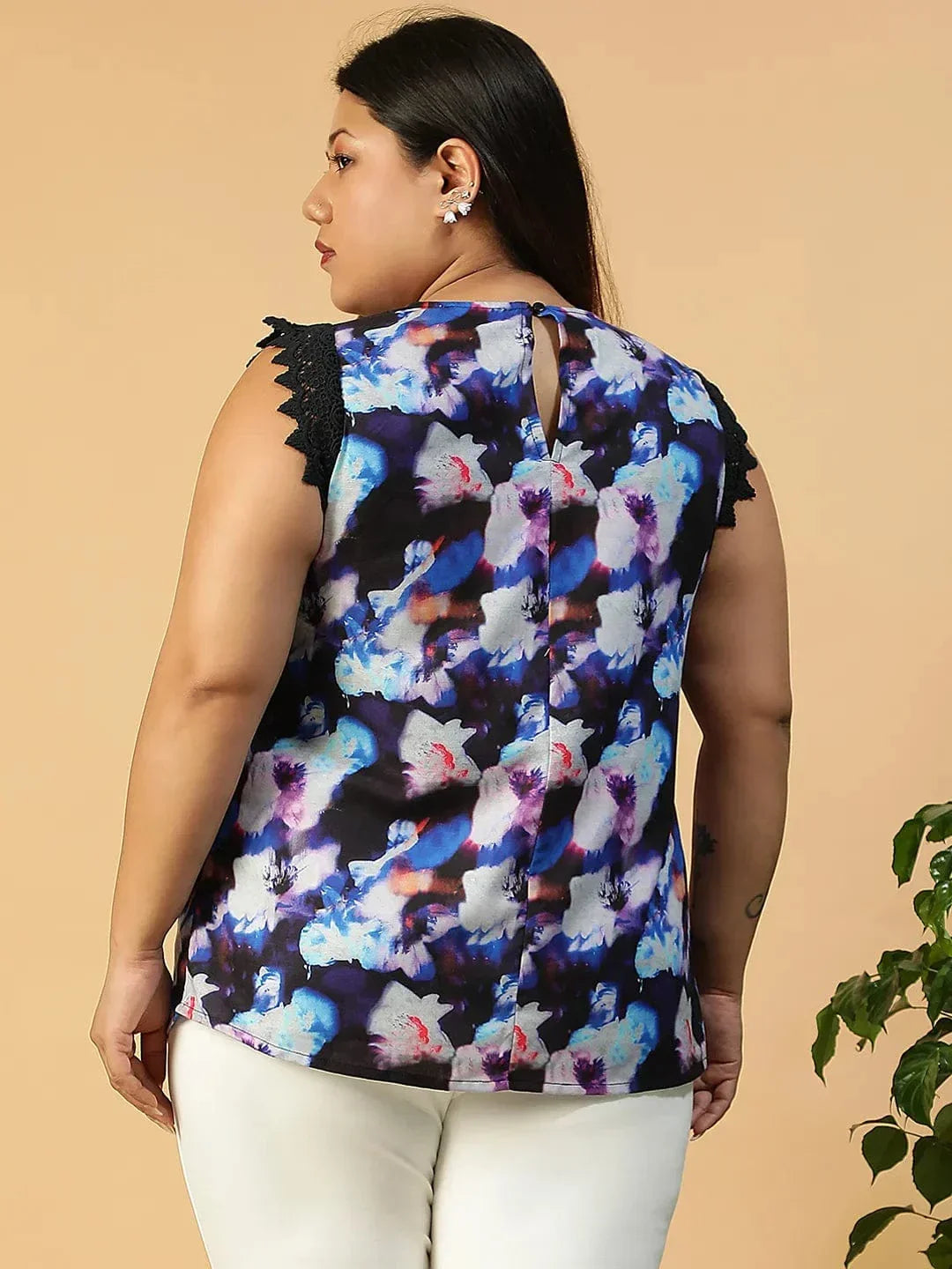 Multicolor Floral Print Lace Detail Cap Sleeve Plus Size Women Top - oxolloxo