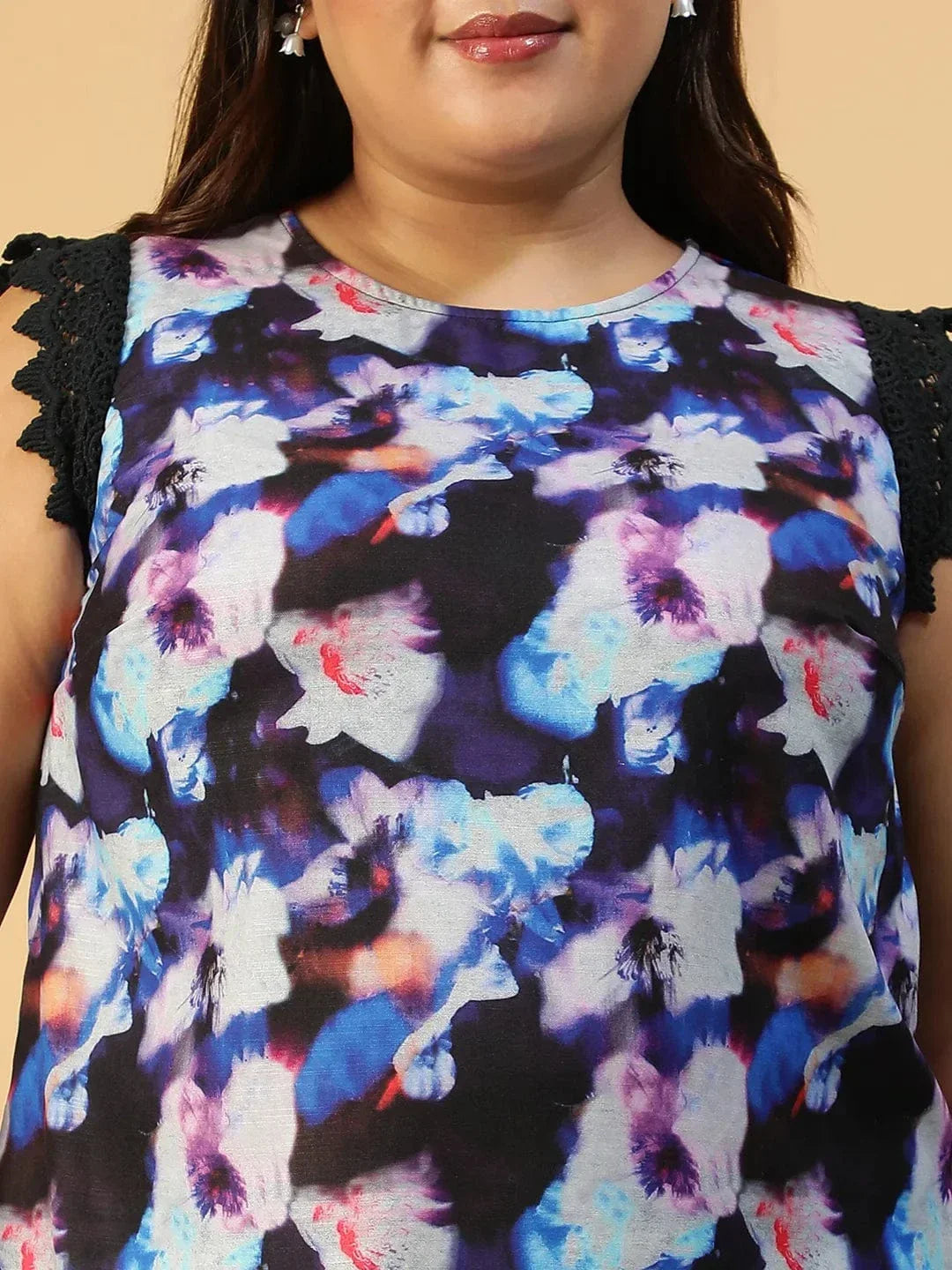 Multicolor Floral Print Lace Detail Cap Sleeve Plus Size Women Top - oxolloxo