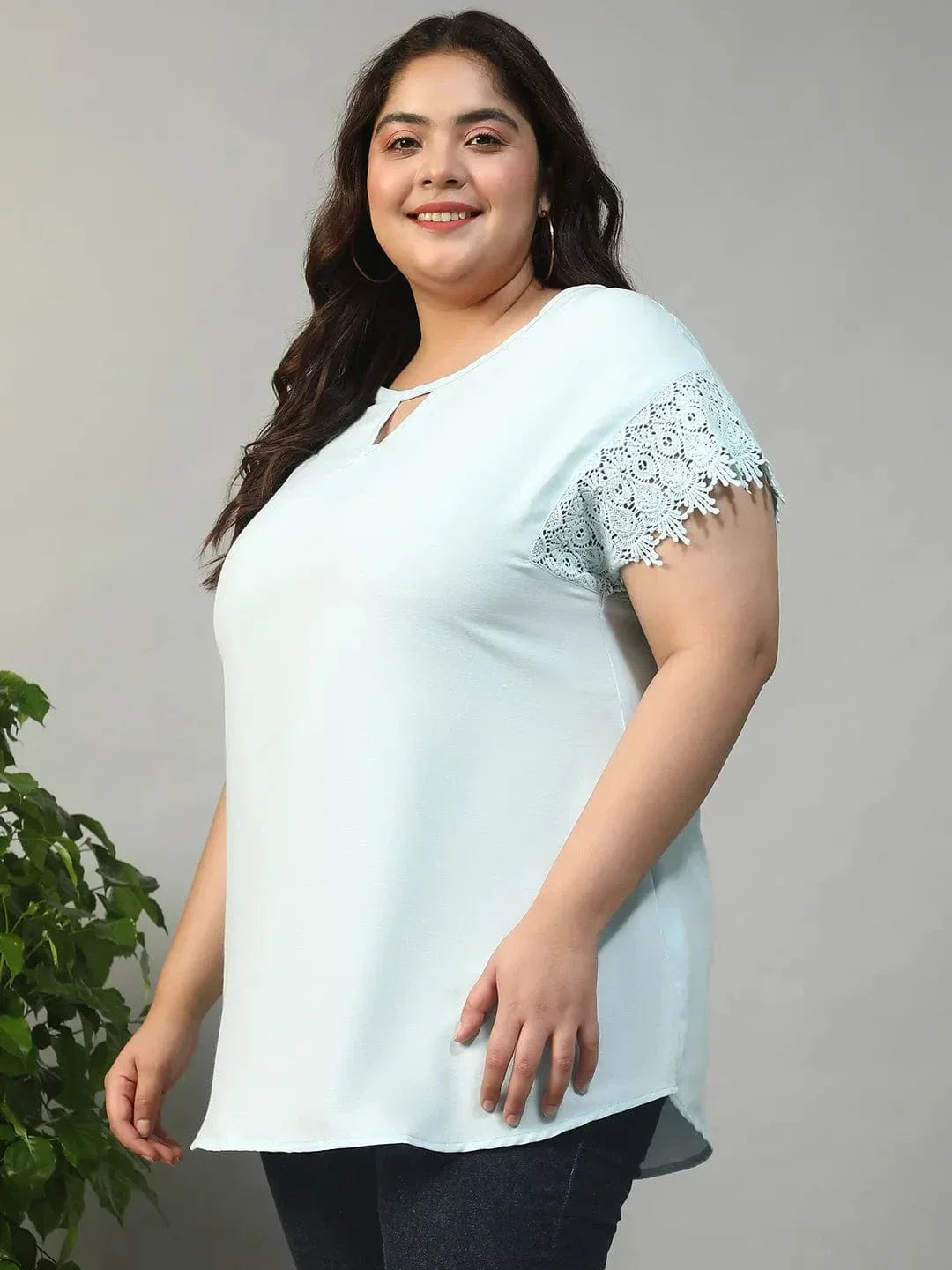 Hey Blue Key Hole Neck Short Lace Detail Sleeve Plus Size Women Top - oxolloxo