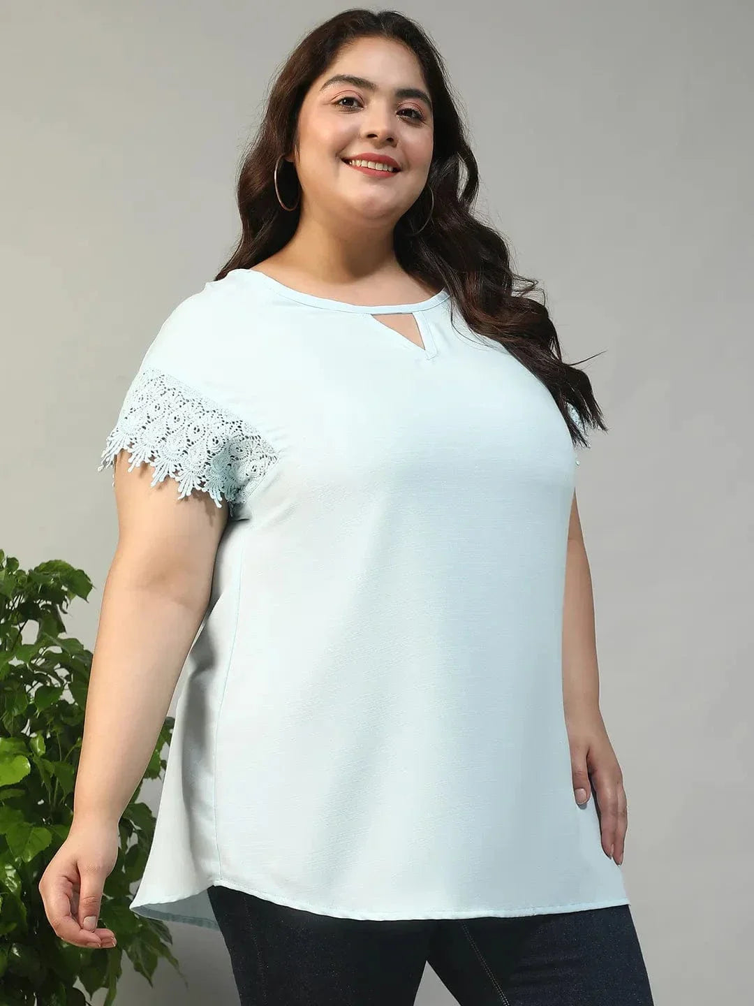 Hey Blue Key Hole Neck Short Lace Detail Sleeve Plus Size Women Top - oxolloxo